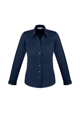 A women's long sleeve button-up shirt in navy blue, featuring a fitted design and a collar, with a logo present.