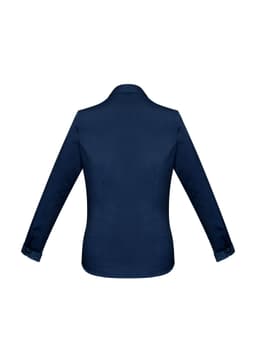 A navy women's button-up shirt featuring long sleeves and a classic collar, with a branded logo.