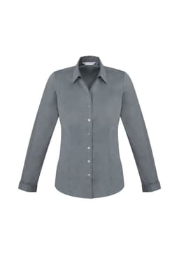 A grey long sleeve button-up shirt for women with a slender fit and a collar. It features a logo.