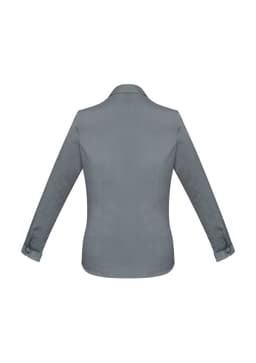 A grey women's button-up shirt with long sleeves, featuring a collar and button cuff details, with branding.