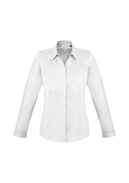 A white women's long sleeve button-up shirt with a collar and a fitted design. It features a logo.