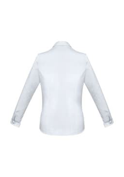 A white long sleeve button-up shirt with a collared neckline and cuffs. The back view highlights its tailored design.