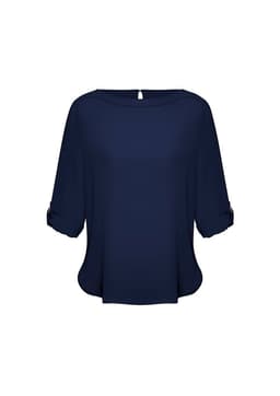 A navy blue women's boatneck top with rolled sleeves and a keyhole back design, featuring a subtle logo.