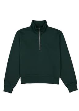 A dark green women's 1/4 zip jumper with a high collar and long sleeves, featuring a logo.