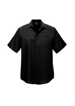 A black short sleeve button-up shirt with a simple design and a logo on the collar.