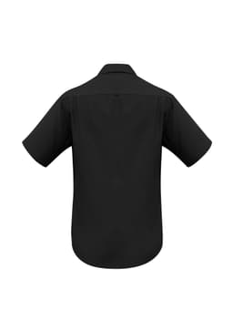 A black short sleeve button-up shirt featuring a plain back design and a collar. It has a logo/branding.