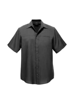 A short-sleeve button-up shirt in dark grey, featuring a front pocket and a branded logo.