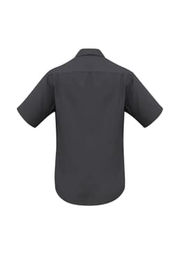 A short sleeve button-up shirt in a solid dark grey colour, featuring a back view and a logo.