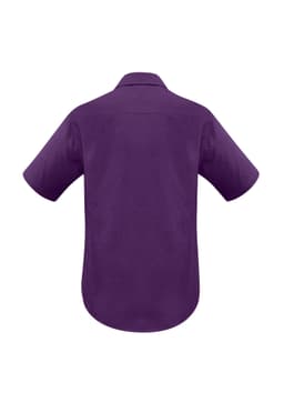 A short sleeve button-up shirt in a solid purple colour featuring a back yoke and collar. Includes a logo.