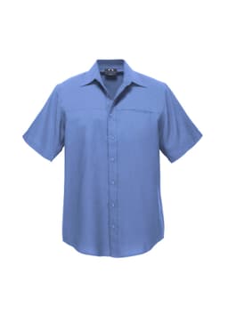 A short-sleeve button-up shirt in blue with a pocket and a logo feature.