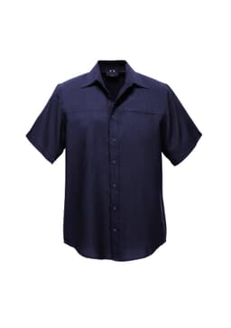A dark navy short sleeve button-up shirt with a logo, featuring a classic collar and front pocket.