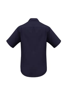 A navy short sleeve button-up shirt with a plain design and a logo on the back.