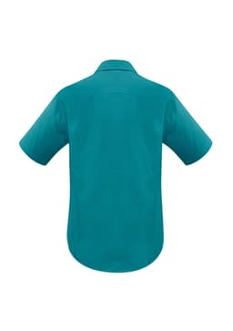 A short sleeve button-up shirt in a vibrant teal colour, featuring a logo on the back.