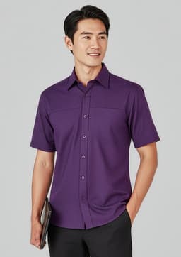 A plain short sleeve button-up shirt in purple, featuring a logo and a sleek, casual design.