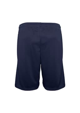 Navy sports shorts featuring an elastic waistband and a simple design, with a branding logo present.