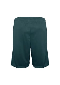 A pair of dark green sports shorts with an elastic waistband and no visible logos.