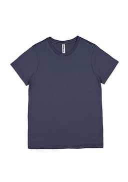 A navy women's short sleeve tee with a round neckline and a label. Features a plain design.
