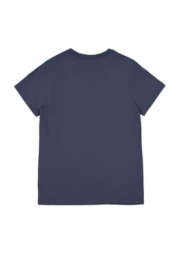 A navy blue women's short sleeve tee featuring a simple design and a logo.