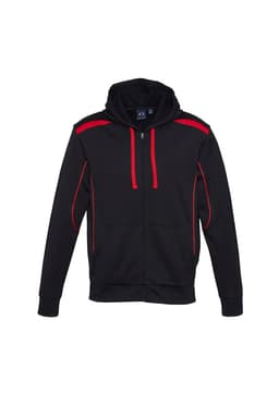 A black hoodie with red accents and a drawstring hood, featuring a zip front and pockets.