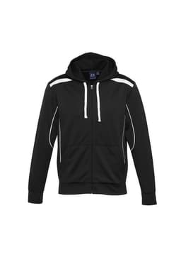 A black men's hoodie with white accents, featuring a zip, pockets, and a hood. It has a logo on the front.