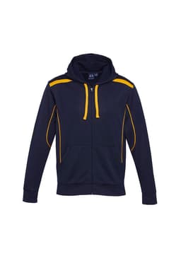 A navy hoodie with yellow accents and a front zipper, featuring a hood and a logo.