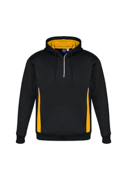 A unisex hoodie featuring a black exterior with yellow side accents and a zippered neck. Includes a logo.