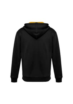 A black hoodie with a yellow inner lining and a hood, featuring a logo on the back.