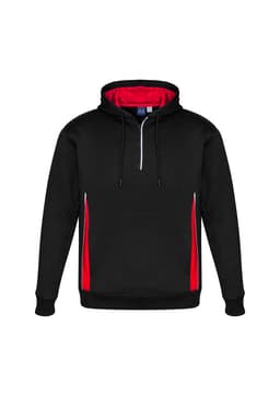 A black unisex hoodie with red accents and a zippered neckline, featuring a logo on the front.