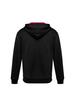 A black hoodie with a red interior and a hood, featuring a logo on the back.