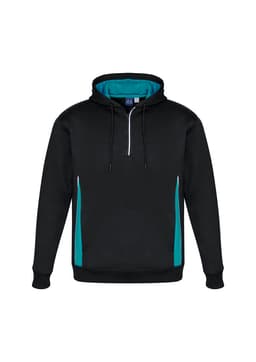 A unisex hoodie in black with teal accents and a front zip. It features a hood and a logo on the label.