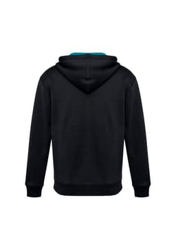 A black hoodie featuring a teal lining, designed for kids, with a logo on the back.