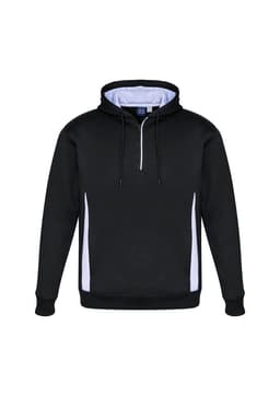 A black unisex hoodie with white side panels and a front zipper. It features a hood and has a logo.