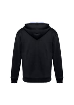 A black hoodie with a blue interior, featuring a hood and ribbed cuffs. Includes a logo on the design.