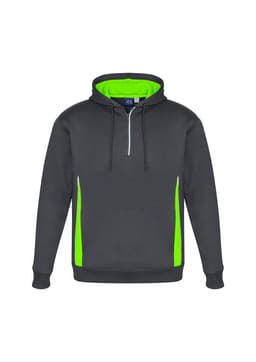 A grey unisex hoodie featuring bright lime green accents and a front zipper. It has a logo on the chest.