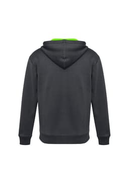 A dark grey kids' hoodie with a green interior hood and a logo. Suitable for casual wear.