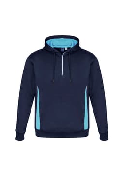 Unisex navy hoodie with light blue side panels and a zippered collar. Features a drawstring and a logo.