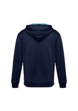 A navy blue hoodie featuring a kangaroo pocket and a hood. The back view shows a simple design with no visible branding.