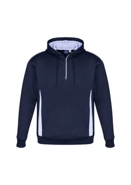 A navy blue unisex hoodie with white side panels and a zipper at the collar, featuring a logo on the front.