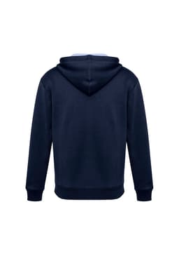 A navy blue hoodie with a hood and long sleeves, featuring a logo on the back.