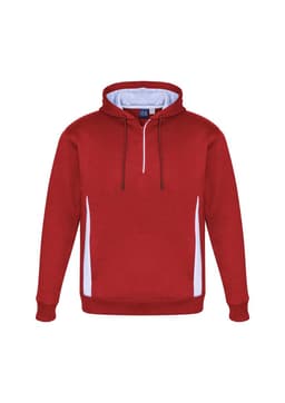 A unisex hoodie in burgundy with white side panels and a front zipper. It features a hood and a branded logo.
