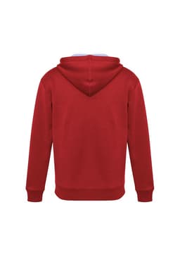 A red hoodie with a hood, featuring a plain back design and ribbed cuffs. It includes a logo.