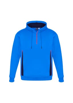 A blue unisex hoodie features a front zipper, with black and red accents along the sides and a logo on the chest.