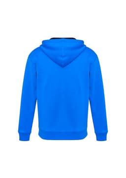A blue hoodie with a hood, featuring a plain back design and long sleeves. The item includes a logo.