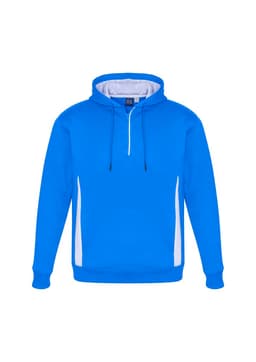 A blue unisex hoodie with a white side design and a front zip. It has a hood and a logo on it.