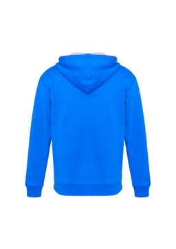 A blue hoodie with a kangaroo pocket and hood, featuring a logo on the back.