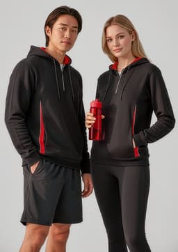 A unisex black hoodie with red accents, featuring a logo, worn by a male and female model.