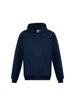 A navy blue kids' hoodie featuring a front pocket and a standard hood. It has a logo on the front.