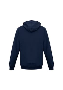 A navy men's crew zip hoodie with a hood and long sleeves, featuring a logo on the back.