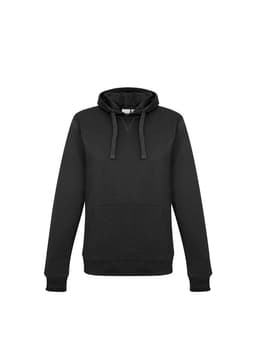A women's crew hoodie in black with a kangaroo pocket, featuring a hood and ribbed cuffs.
