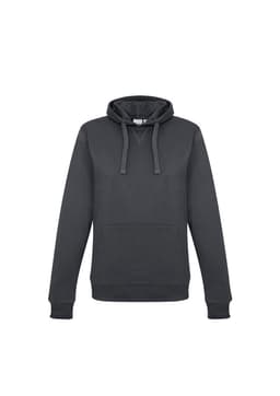 A grey women's crew hoodie with a front pocket and a drawstring hood, featuring a logo on the chest.